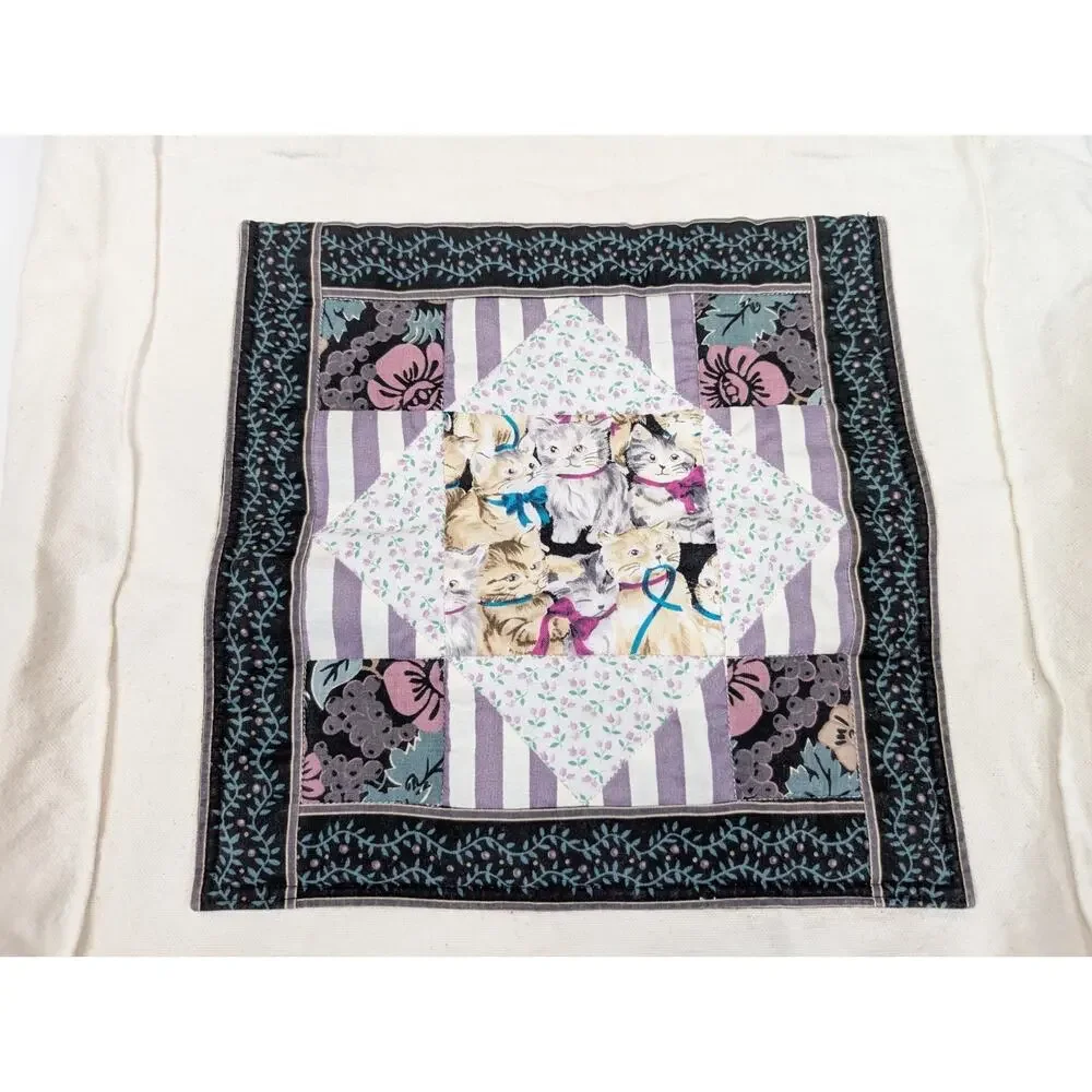 Vintage Cat Tote Bag Beige Canvas Patchwork Pocket
